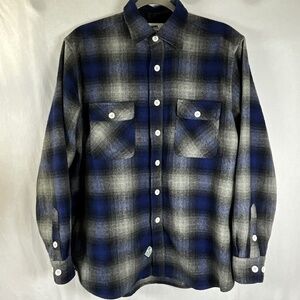 Durkl Wool Blend Plaid Shirt Jacket Blue Gray Flannel Overshirt L Mens